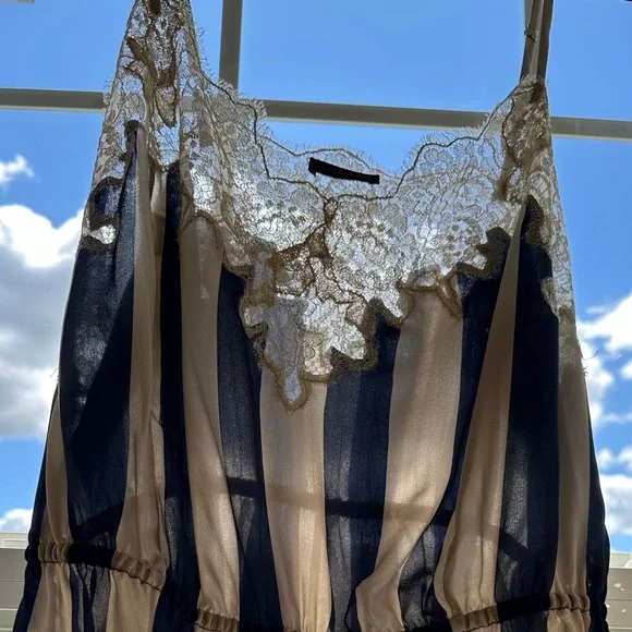 Rosamosario 100% Silk Bodysuit Playsuit Navy Cream Stripes Champagne Lace Silk - Picture 5 of 17